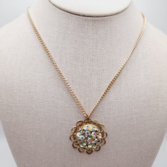 Vintage AB Rhinestone Filigree Pendant Necklace Gold Tone 18 Inch Chain - Picture 1 of 9